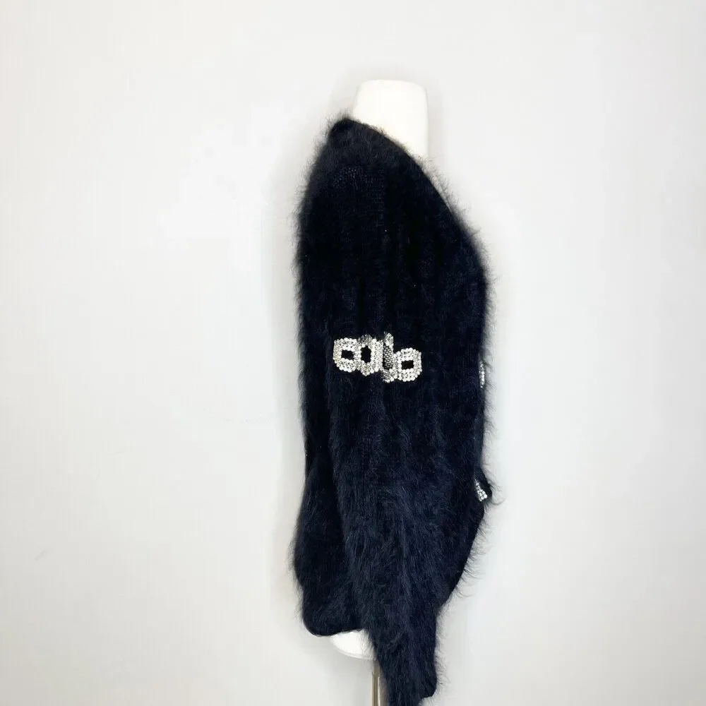 Vintage 90s M Medium Linda‎ Haddad Black Mohair Sweater Rhinestone Cut Out